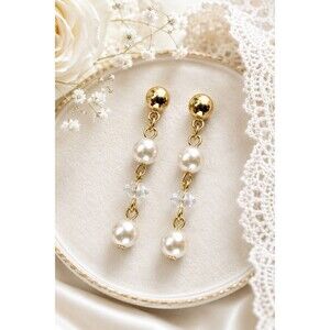 Vintage 90s Faux Pearl Drop Earrings Gold Tone Clear Crystal  Dangle Cottagecore